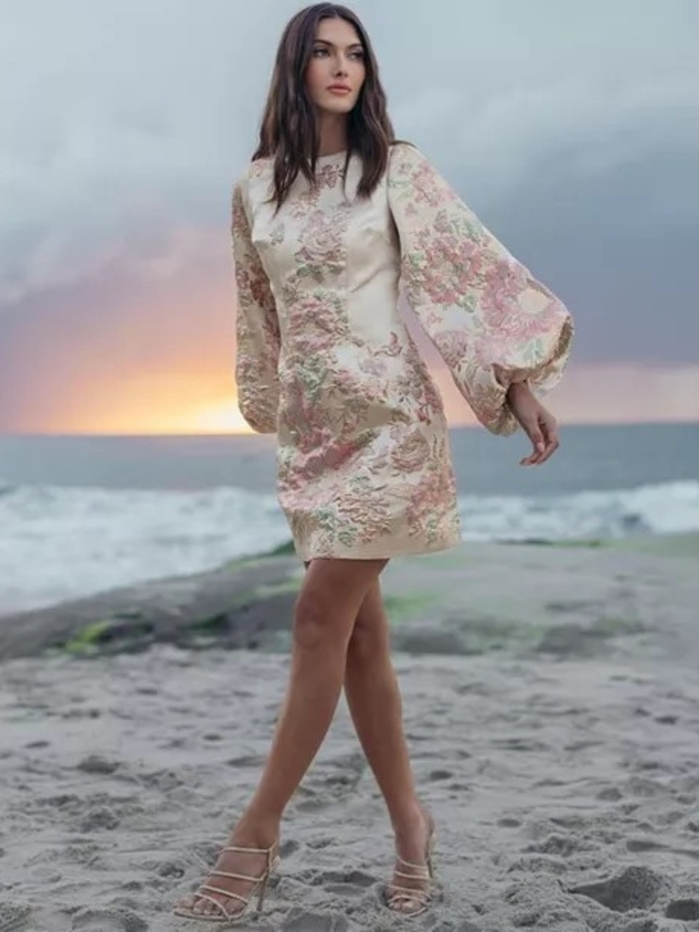 Mac Duggal Brocade High Neck Long Bishop Sleeve Mini Dress